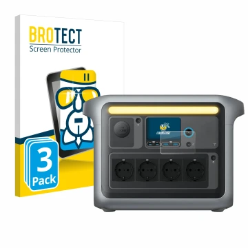 Front side of a product packaging with the brand logo BROTECT. Next to it is the device Anker SOLIX C1000X shown with the corr