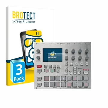 Front side of a product packaging with the brand logo BROTECT. Next to it is the device Elektron Syntakt E25 Remix Edition sho