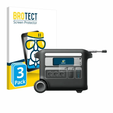 Front side of a product packaging with the brand logo BROTECT. Next to it is the device Anker SOLIX F2000 shown with the corre