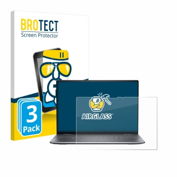 Front side of a product packaging with the brand logo BROTECT. Next to it is the device Dell Latitude 9450 2-in-1 shown with t