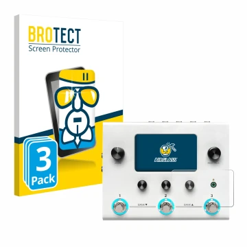 Front side of a product packaging with the brand logo BROTECT. Next to it is the device Hotone Ampero II Stomp shown with the 