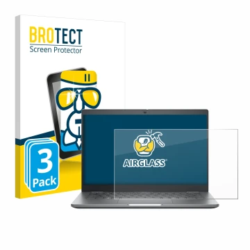 Front side of a product packaging with the brand logo BROTECT. Next to it is the device Dell Latitude 5350 Laptop shown with t