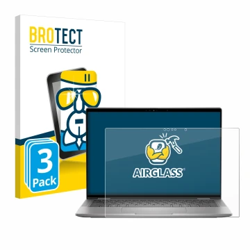 Front side of a product packaging with the brand logo BROTECT. Next to it is the device Dell Latitude 7450 2-in-1 shown with t