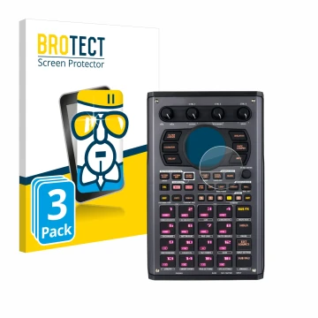 Front side of a product packaging with the brand logo BROTECT. Next to it is the device Roland SP-404MKII shown with the corre