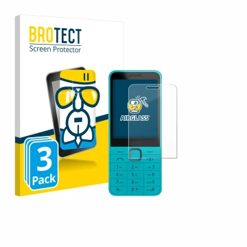 Front side of a product packaging with the brand logo BROTECT. Next to it is the device Nokia 235 4G (2024) shown with the cor