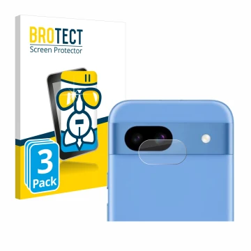 Front side of a product packaging with the brand logo BROTECT. Next to it is the device Google Pixel 8a (ONLY Camera Lens) sho