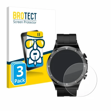 Front side of a product packaging with the brand logo BROTECT. Next to it is the device Sanorum Smartwatch 1.39