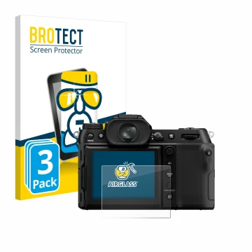 Front side of a product packaging with the brand logo BROTECT. Next to it is the device Fujifilm GFX100S II shown with the cor