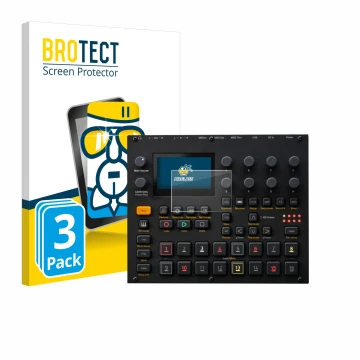 Front side of a product packaging with the brand logo BROTECT. Next to it is the device Elektron Digitakt II shown with the co