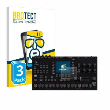 Front side of a product packaging with the brand logo BROTECT. Next to it is the device Elektron Octatrack MKII shown with the
