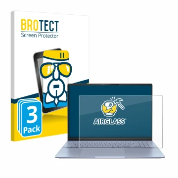 Front side of a product packaging with the brand logo BROTECT. Next to it is the device ASUS Vivobook S16 OLED S5606 shown wit