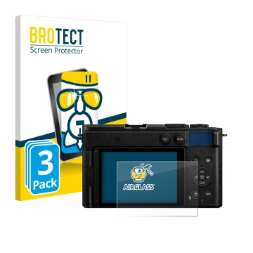 Front side of a product packaging with the brand logo BROTECT. Next to it is the device Panasonic Lumix DC-S9 shown with the c