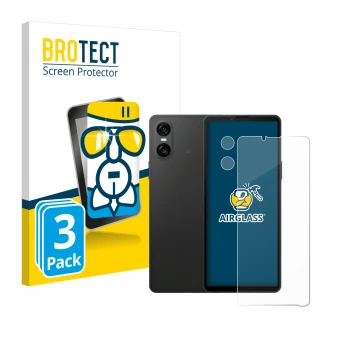 Front side of a product packaging with the brand logo BROTECT. Next to it is the device Sony Xperia 10 VI (Front+Camera) shown