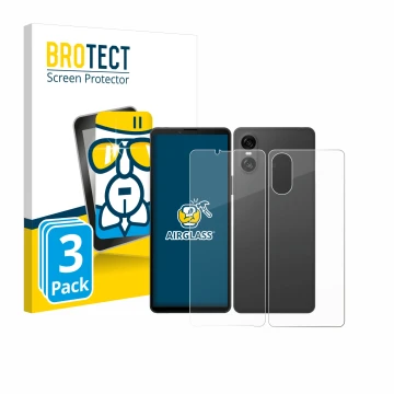 Front side of a product packaging with the brand logo BROTECT. Next to it is the device Sony Xperia 10 VI (Front+Back) shown w