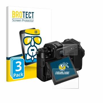 Front side of a product packaging with the brand logo BROTECT. Next to it is the device Fujifilm GFX100S II (Display + top pla