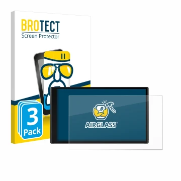 Front side of a product packaging with the brand logo BROTECT. Next to it is the device Garmin CamperVan shown with the corres