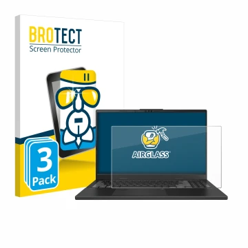 Front side of a product packaging with the brand logo BROTECT. Next to it is the device ASUS VivoBook Pro 15 OLED N6506 shown 