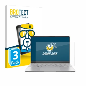 Front side of a product packaging with the brand logo BROTECT. Next to it is the device ASUS Vivobook S 14 OLED M5406 shown wi