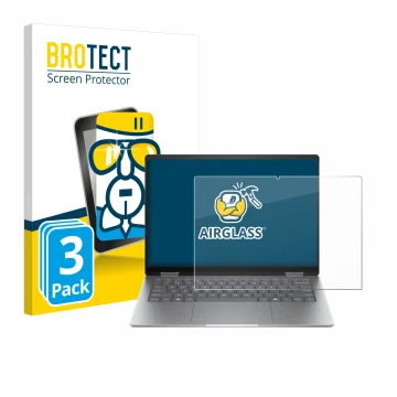 Front side of a product packaging with the brand logo BROTECT. Next to it is the device HP Envy x360 14 2-in-1 shown with the 