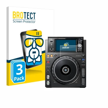 Front side of a product packaging with the brand logo BROTECT. Next to it is the device Pioneer XDJ -1000MK2 shown with the co