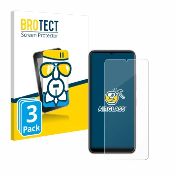 Front side of a product packaging with the brand logo BROTECT. Next to it is the device Telekom T Phone 2 shown with the corre