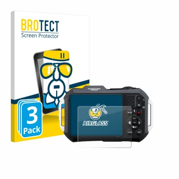 Front side of a product packaging with the brand logo BROTECT. Next to it is the device Ricoh Pentax WG-1000 shown with the co