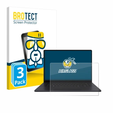 Front side of a product packaging with the brand logo BROTECT. Next to it is the device ASUS ProArt P16 shown with the corresp