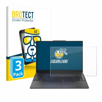 Front side of a product packaging with the brand logo BROTECT. Next to it is the device Lenovo ThinkPad E16 Gen 2 shown with t