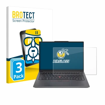 Front side of a product packaging with the brand logo BROTECT. Next to it is the device Lenovo ThinkPad E14 Gen 6 shown with t