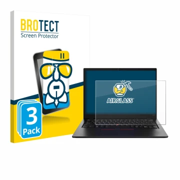 Front side of a product packaging with the brand logo BROTECT. Next to it is the device Lenovo ThinkPad L13 Gen 5 shown with t