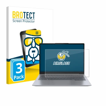 Front side of a product packaging with the brand logo BROTECT. Next to it is the device Lenovo ThinkBook 14 Gen 7 shown with t