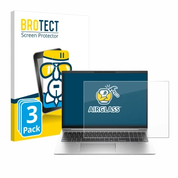 Front side of a product packaging with the brand logo BROTECT. Next to it is the device HP EliteBook 845 G11 shown with the co