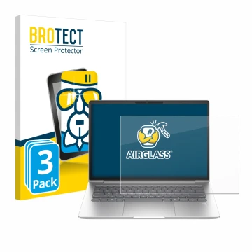 Front side of a product packaging with the brand logo BROTECT. Next to it is the device HP EliteBook 645 G11 shown with the co