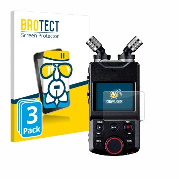 Front side of a product packaging with the brand logo BROTECT. Next to it is the device Tascam Portacapture X6 shown with the 