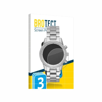 Front side of a product packaging with the brand logo BROTECT. Next to it is the device Michael Kors Ritz MK6428 shown with th