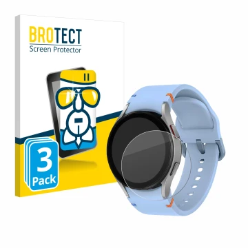 Front side of a product packaging with the brand logo BROTECT. Next to it is the device Samsung Galaxy Watch FE shown with the