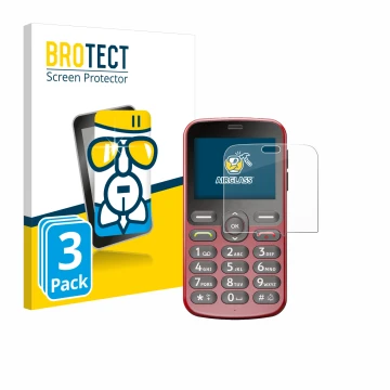 Front side of a product packaging with the brand logo BROTECT. Next to it is the device Doro 1880 shown with the corresponding