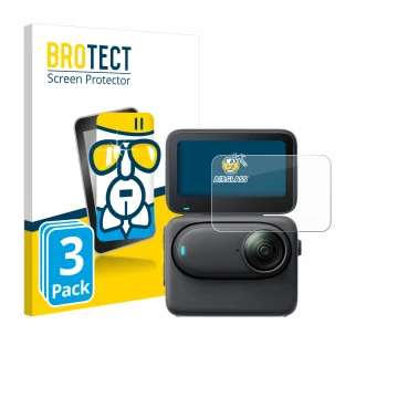 Front side of a product packaging with the brand logo BROTECT. Next to it is the device Insta360 Go 3S shown with the correspo