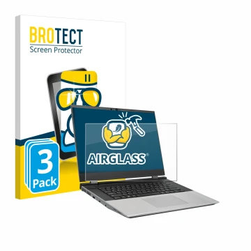 Front side of a product packaging with the brand logo BROTECT. Next to it is the device Framework Laptop 16 shown with the cor