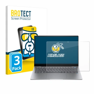 Front side of a product packaging with the brand logo BROTECT. Next to it is the device HP OmniBook X AI 14 shown with the cor
