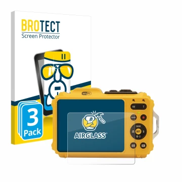 Front side of a product packaging with the brand logo BROTECT. Next to it is the device Kodak Pixpro WPZ2 shown with the corre