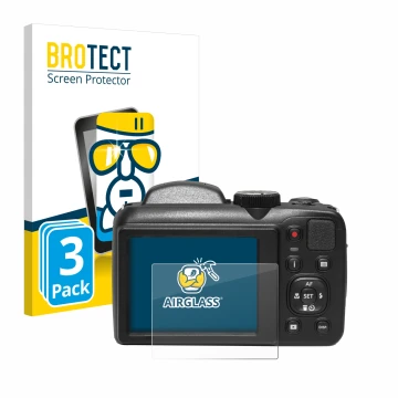 Front side of a product packaging with the brand logo BROTECT. Next to it is the device Kodak Pixpro AZ255 shown with the corr