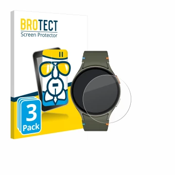 Front side of a product packaging with the brand logo BROTECT. Next to it is the device Samsung Galaxy Watch 7 (44 mm) shown w
