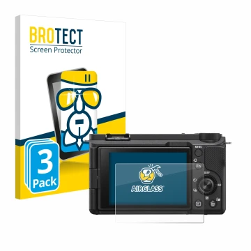 Front side of a product packaging with the brand logo BROTECT. Next to it is the device Sony Alpha ZV-E10 II shown with the co