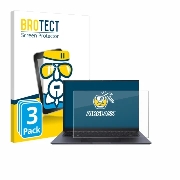 Front side of a product packaging with the brand logo BROTECT. Next to it is the device ASUS ZenBook Pro 14 UX6404V shown with