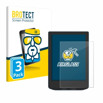 Front side of a product packaging with the brand logo BROTECT. Next to it is the device PocketBook Verse Pro Color shown with 