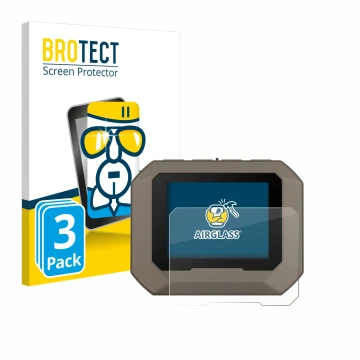 Front side of a product packaging with the brand logo BROTECT. Next to it is the device Garmin Xero C1 Pro shown with the corr