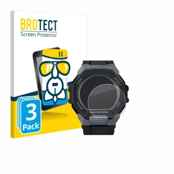 Front side of a product packaging with the brand logo BROTECT. Next to it is the device Casio G-Shock G-Squad GBD-300 shown wi