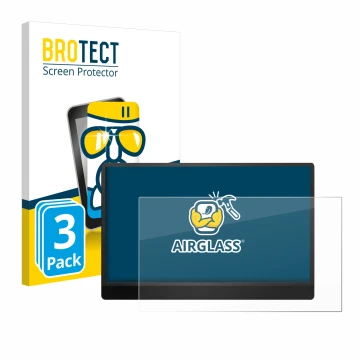 Front side of a product packaging with the brand logo BROTECT. Next to it is the device MSI Pro MP161 E2 shown with the corres