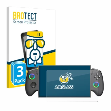 Front side of a product packaging with the brand logo BROTECT. Next to it is the device OneXPlayer X1 Mini shown with the corr